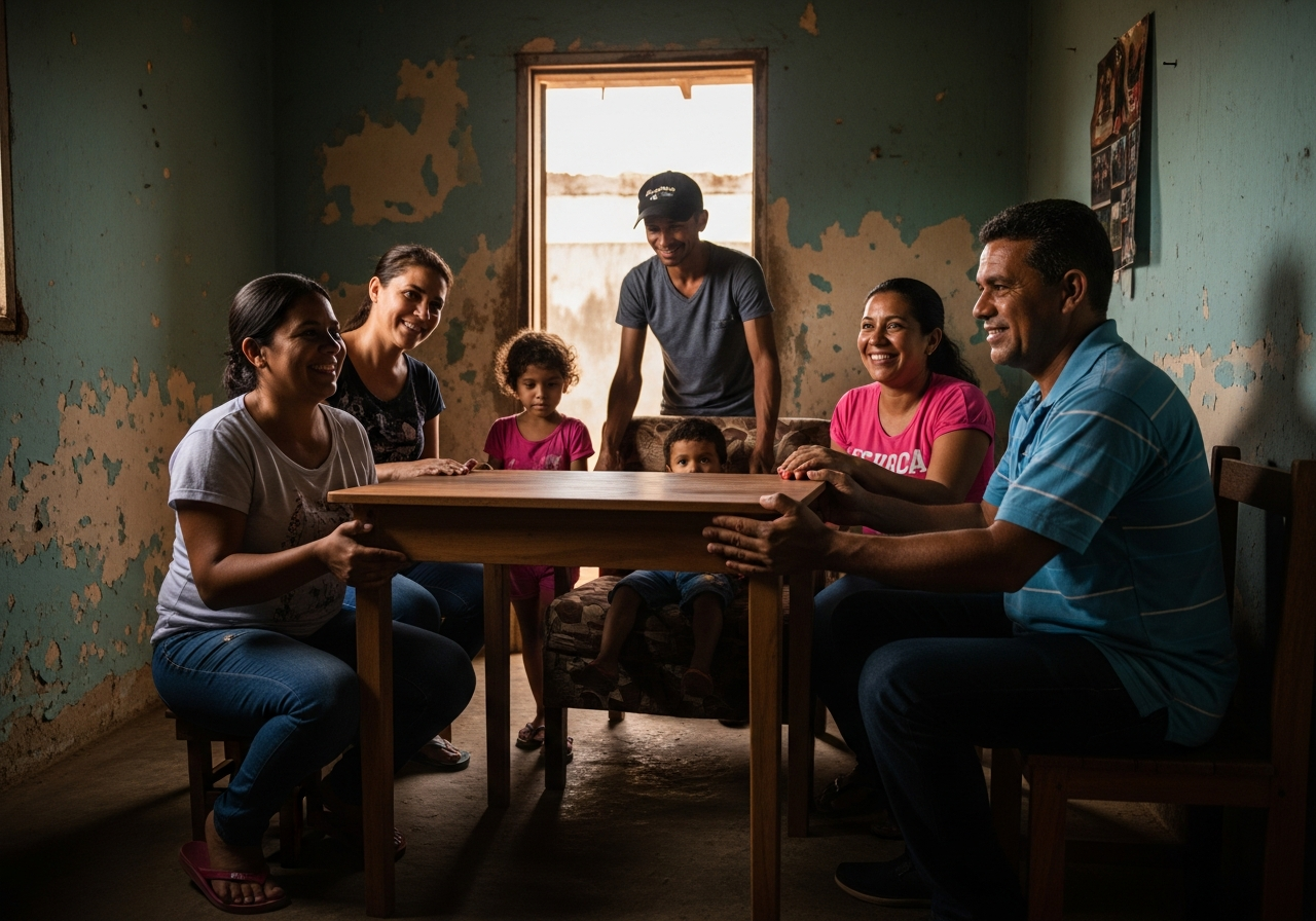 Família recebendo um móvel doado